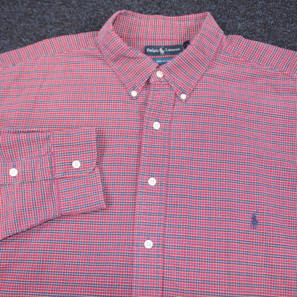 Ralph Lauren Shirt Mens 2XLT Red Blue Check Cotton Long Sleeve Button Down Tall